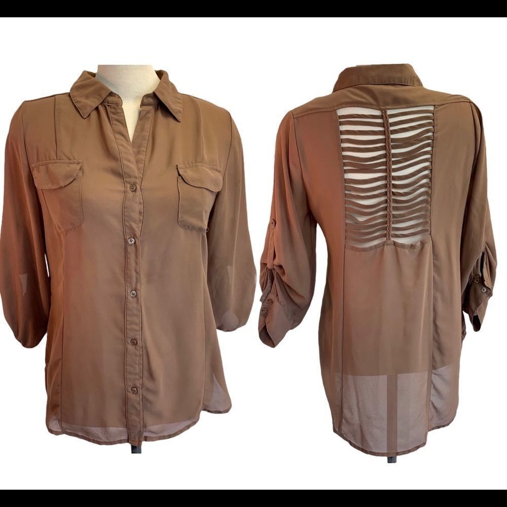 Seductions brown chiffon button down blouse size L